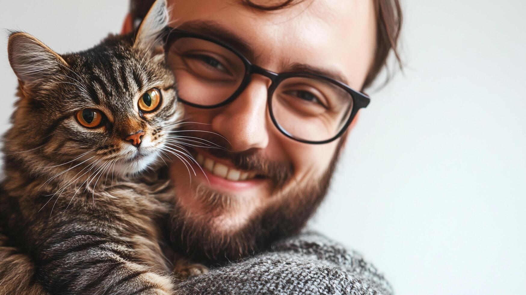 Happy pet parent cuddling their beloved tabby cat close, showcasing the bond between a man and his furry friend. Pure joy and affection. photo