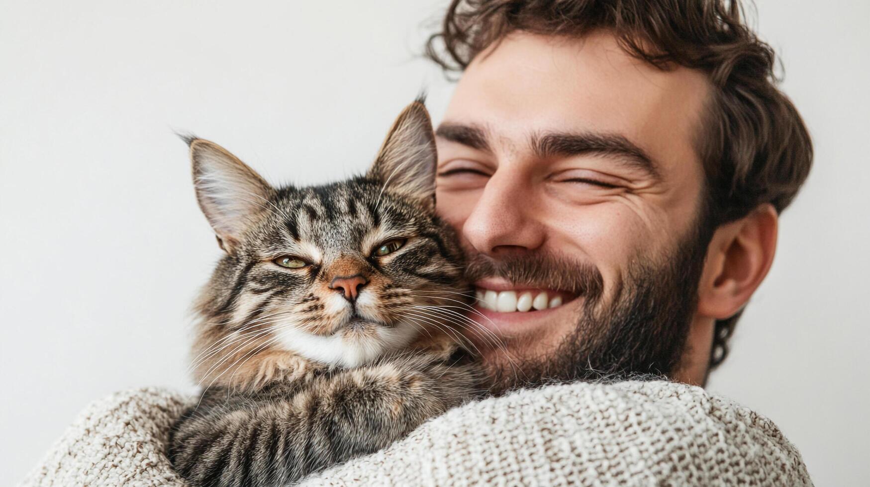 Smiling man embraces fluffy tabby cat, showcasing a heartwarming moment of connection and joy, symbolizing companionship and affection. photo