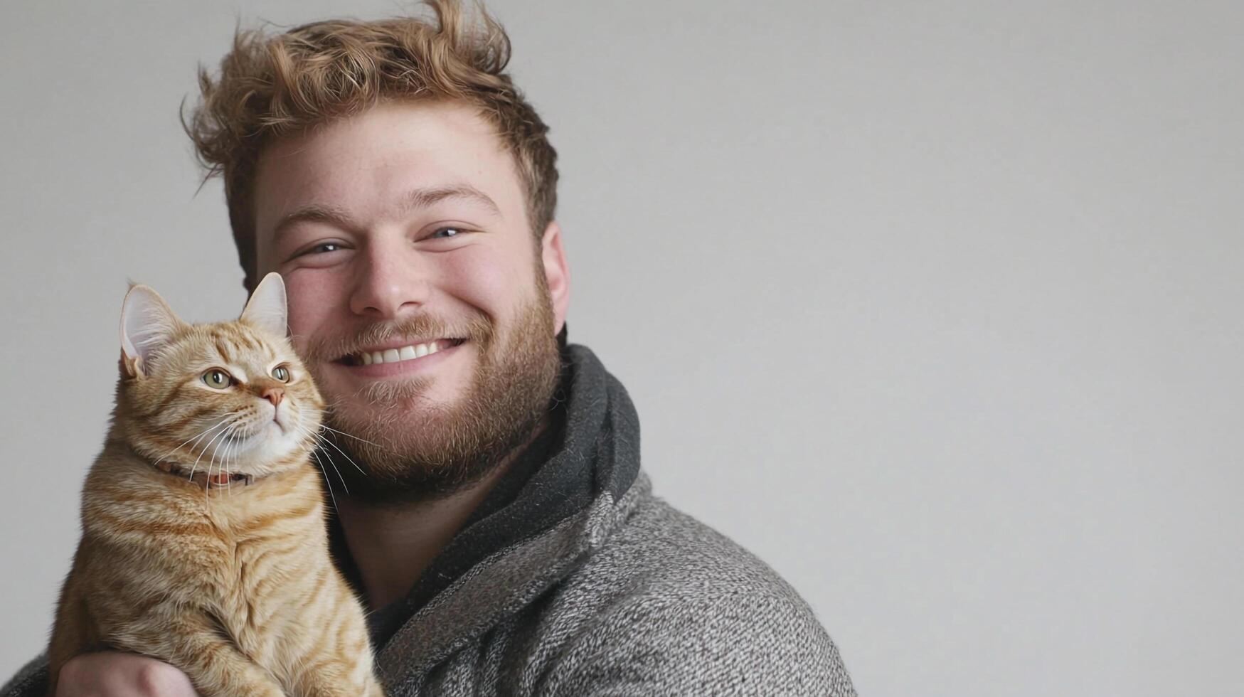 Portrait of smiling man with curly hair holding a tabby cat, against a plain background. Man with cat. photo