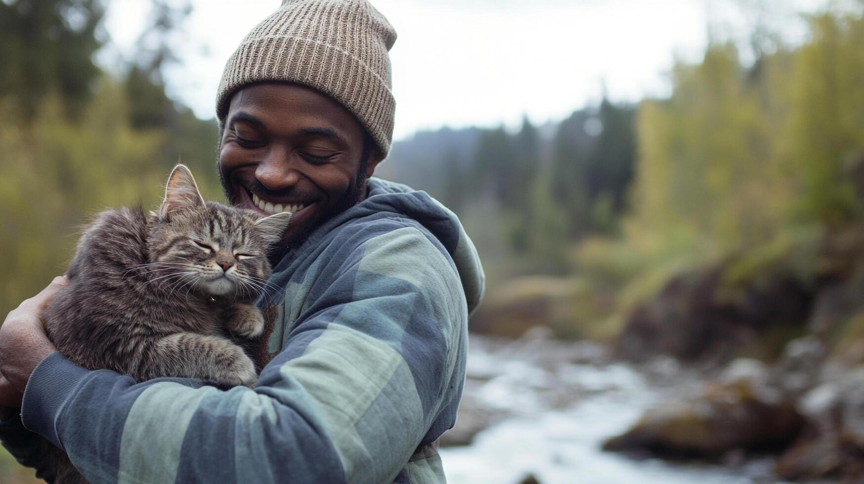 A smiling man outdoors in nature holding a fluffy cat, expressing affection and happiness in a peaceful natural setting by a river. photo