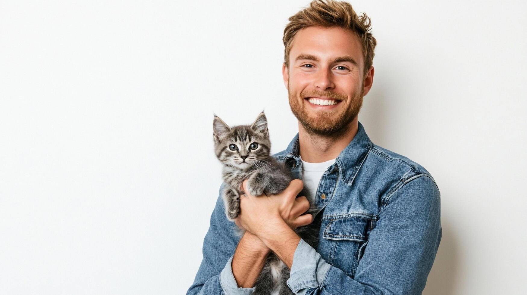 Smiling man in denim shirt holding a grey tabby kitten against a white background, creating a heartwarming, joyful moment. photo