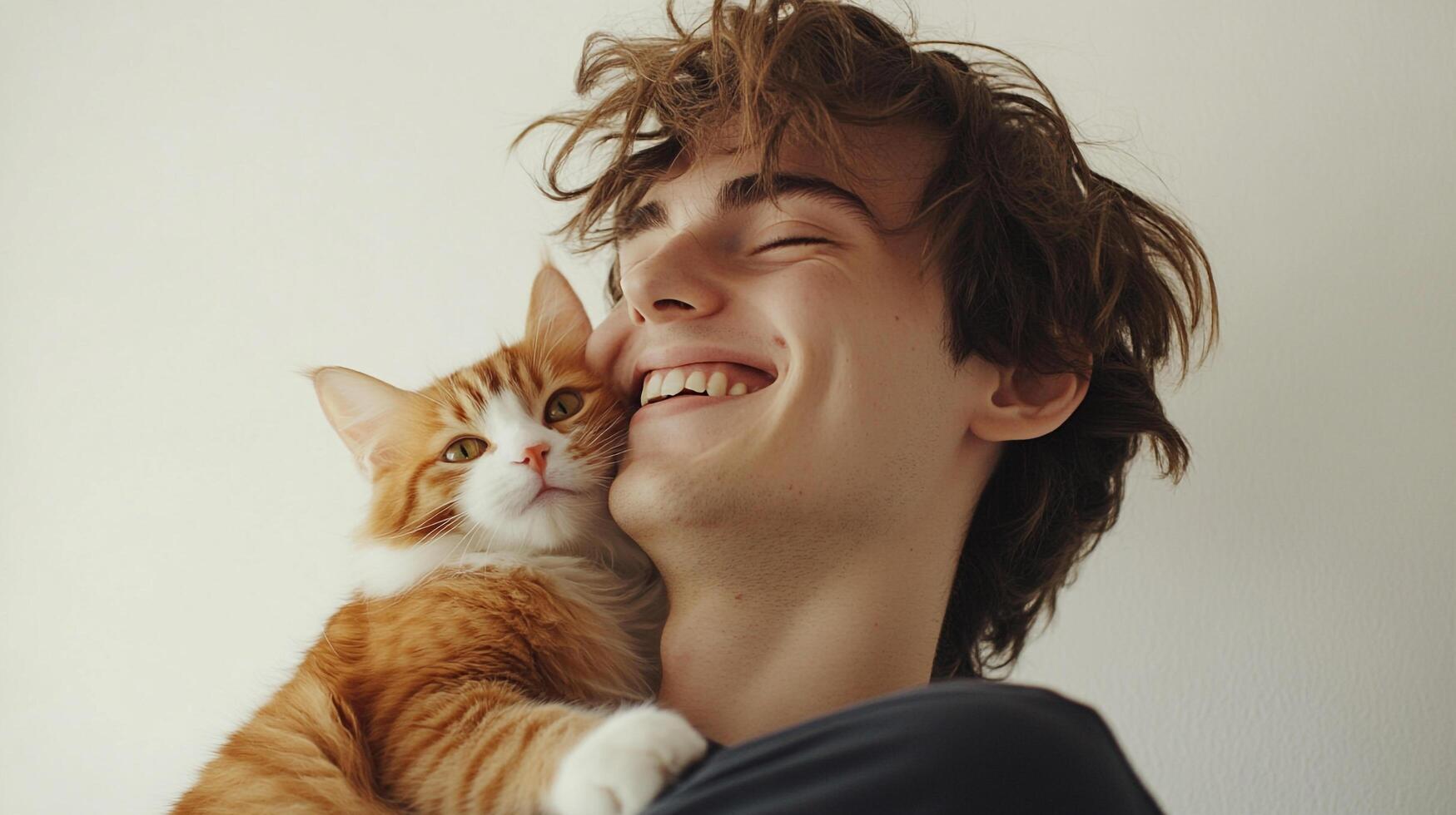 A young person beams, eyes closed, as a fluffy orange tabby cat nestles against their neck in a heartwarming display of affection. photo