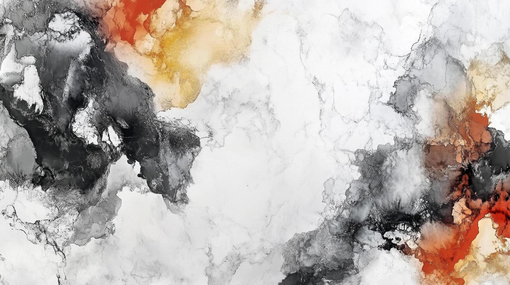 An abstract artwork displaying a blend of grey, orange, and white pigments, showcasing fluid dynamics and organic forms on a canvas. photo