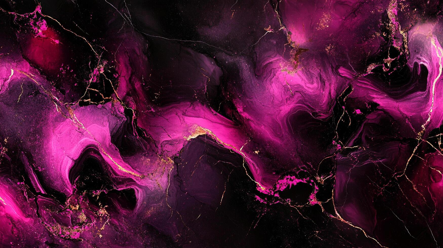Abstract art featuring dynamic, swirling patterns in striking fuchsia and deep black, accented with delicate gold veining. Modern and luxurious. photo