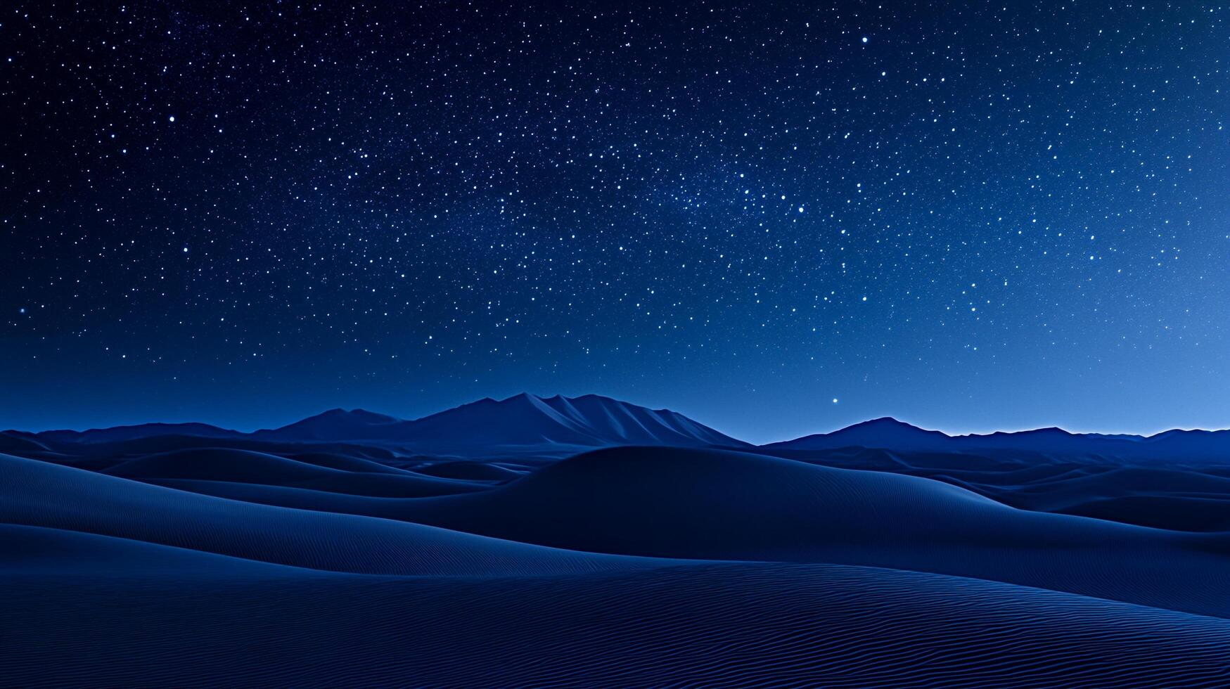 Blue-toned desert landscape at night, with rolling sand dunes under a starry sky, evokes a sense of wonder and tranquility in a cosmic setting. photo