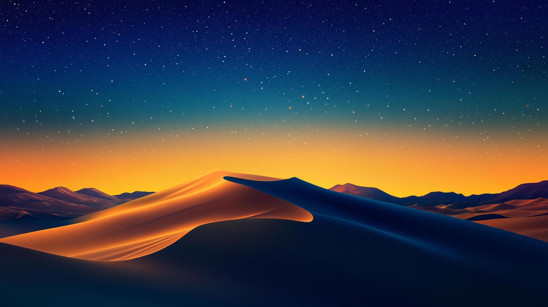 Serene desert landscape at night, featuring star-filled sky and sand dunes. Warm sunset light reflects on the dunes. photo