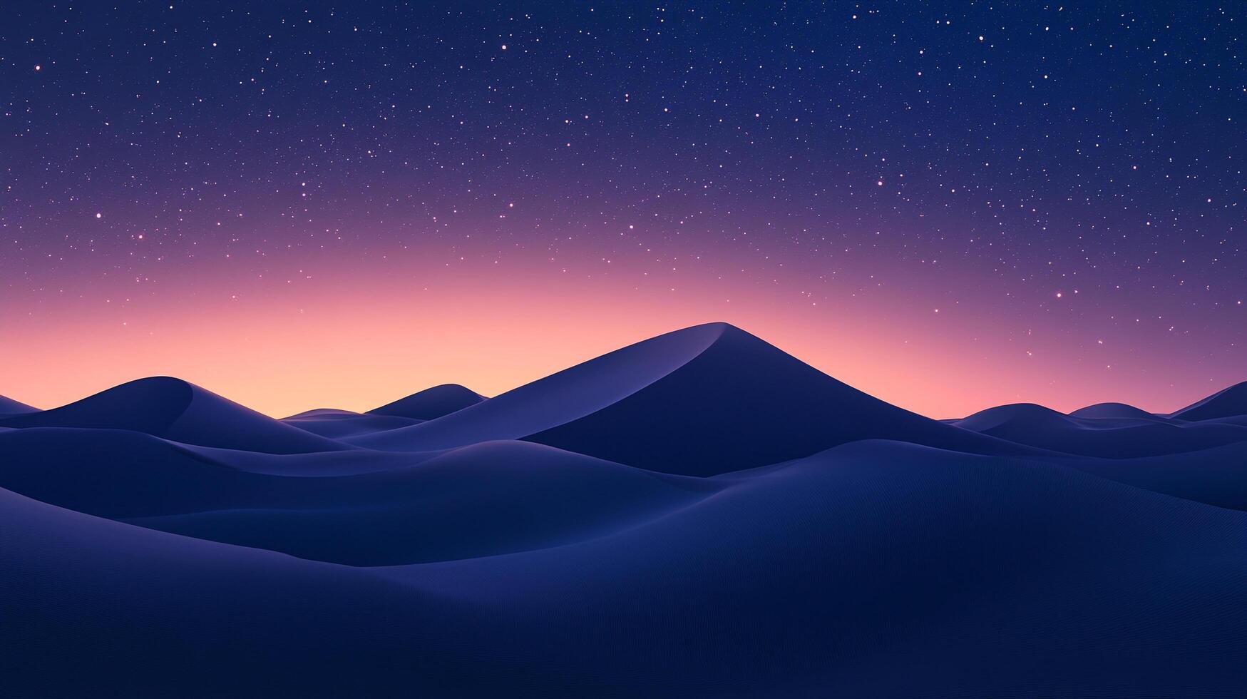 Serene desert landscape with rolling dunes under a starry twilight sky, creating a peaceful and dreamy ambiance. Beautiful scenery. photo