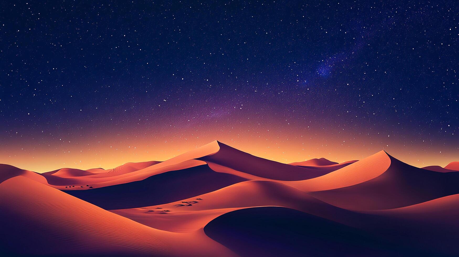 Night desert view. Beautiful dunes under a starry sky with gradient colors and a serene atmosphere. Peaceful and scenic landscape. photo