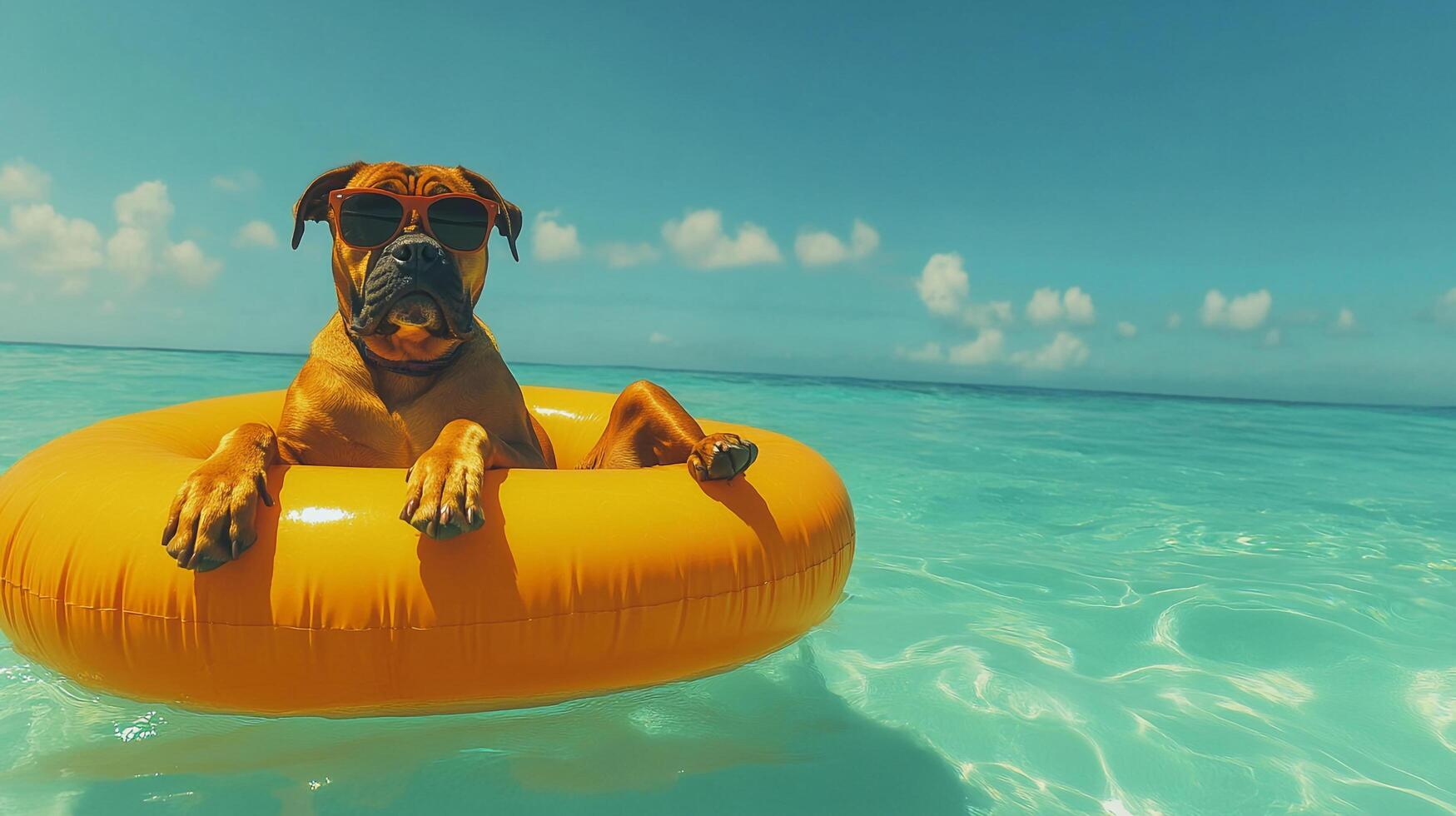 Dog wearing sunglasses relaxes in a bright yellow float on clear blue water with a sky that is a vivid blue and dotted with fluffy white clouds. photo