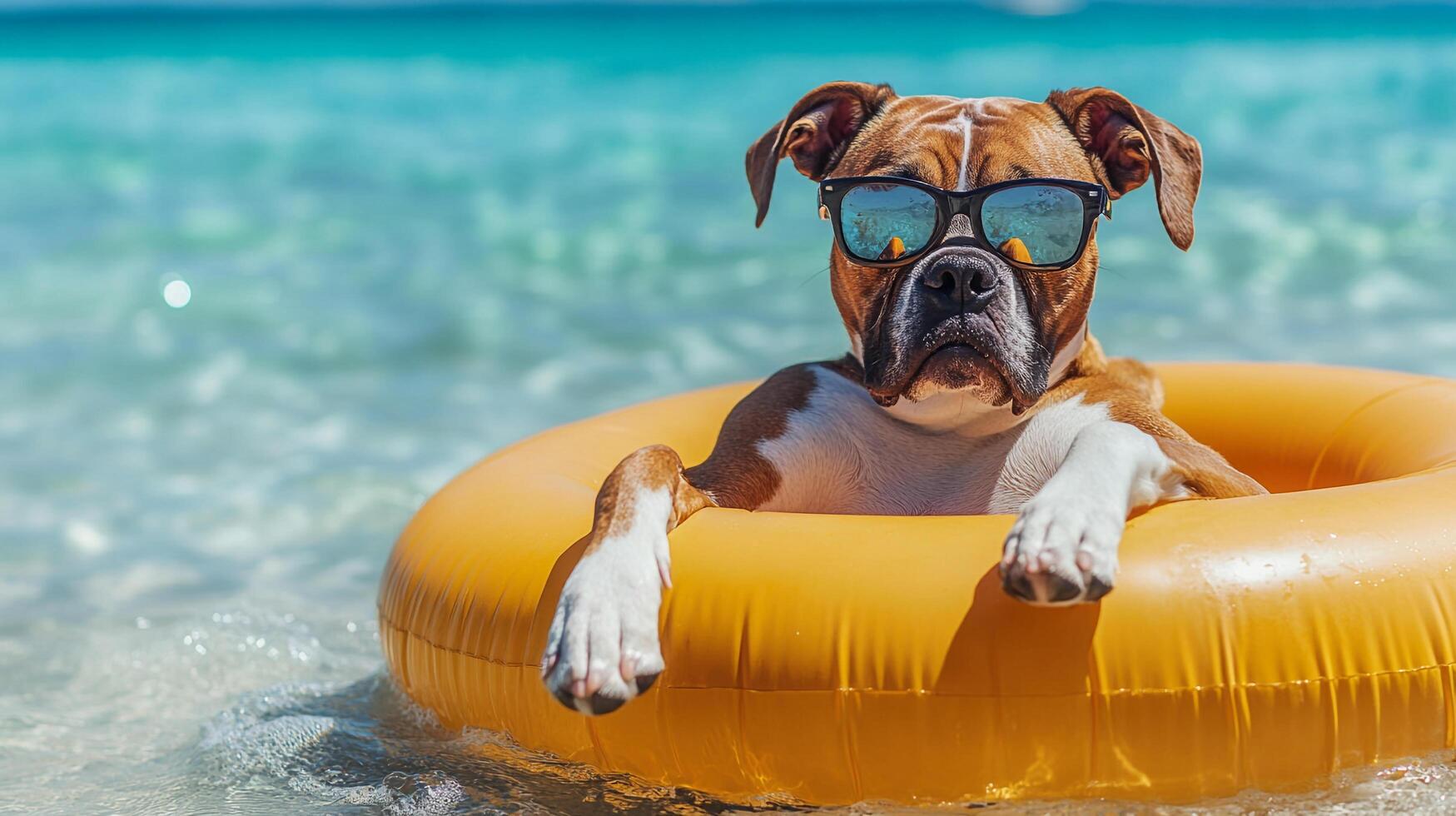 Cool dog floating in the sea. Relaxation at the beach. Sun, relaxation, and fun on a summer vacation with our best friend. photo