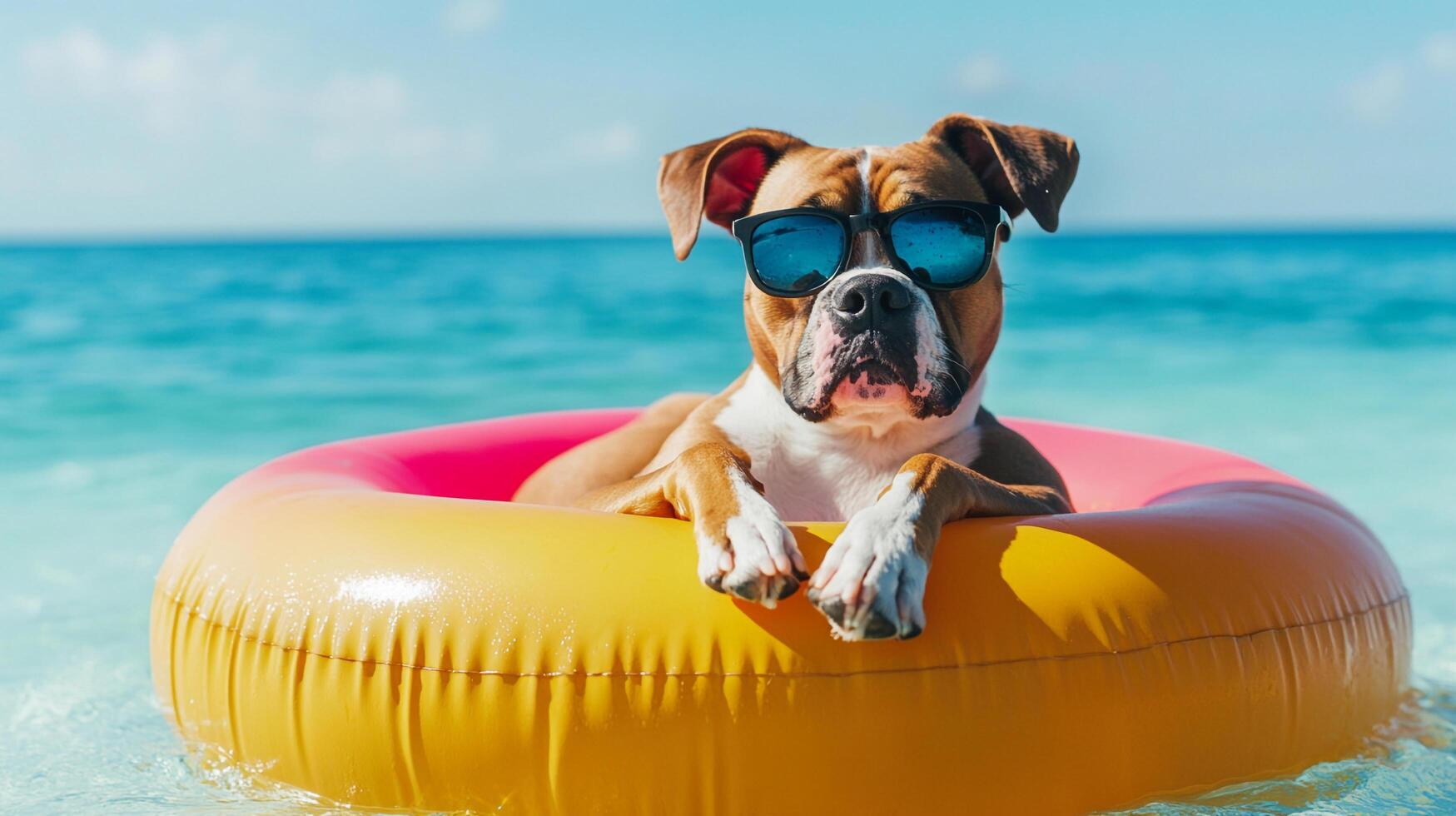 Dog enjoying the beach on a float with sunglasses, relaxing in the sun, feeling the breeze, calm ocean, ideal summer vibes, vacation. photo