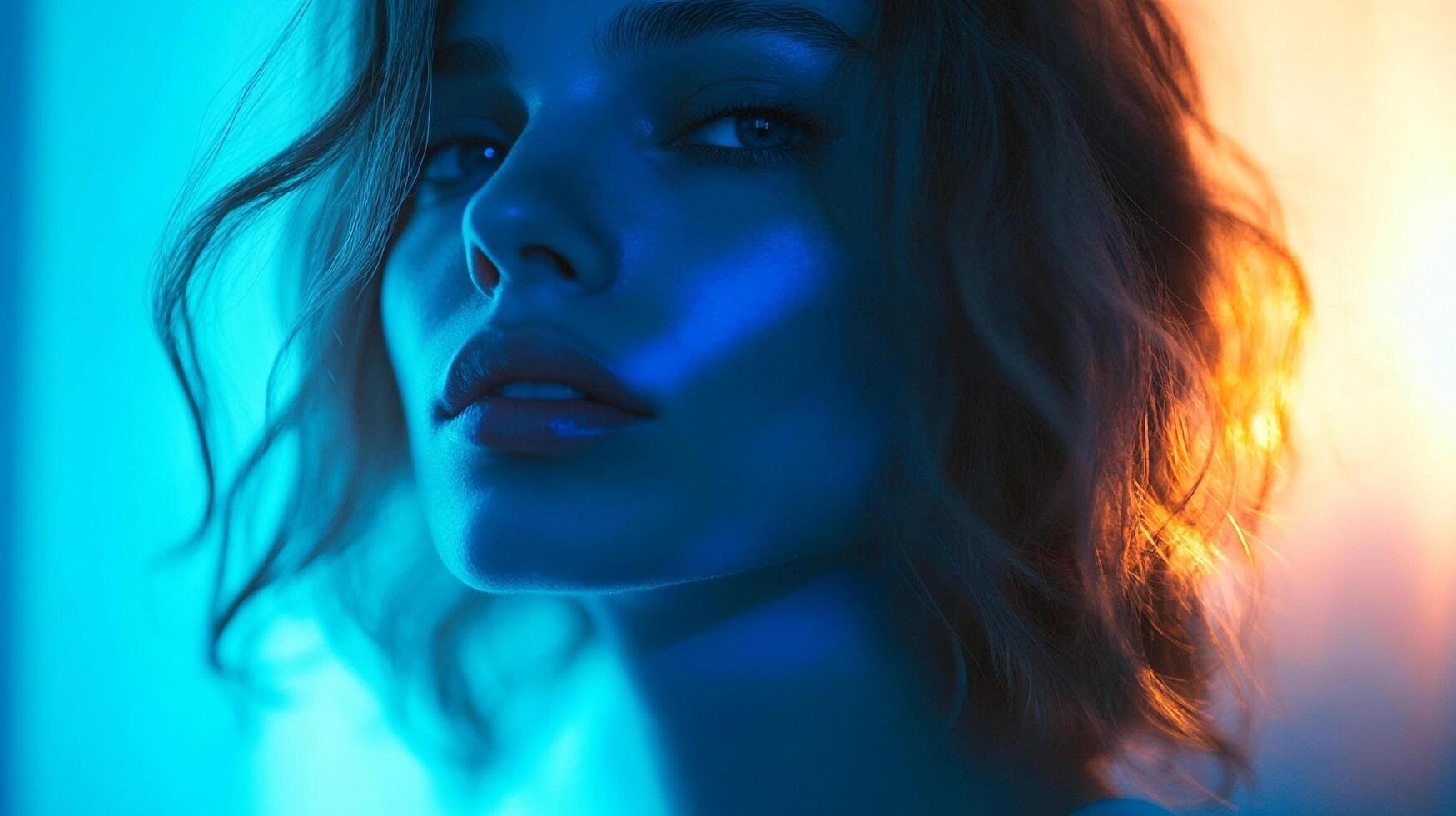 Woman's illuminated portrait, her face bathed in a combination of cool blue and warm orange light, creating a striking contrast. photo