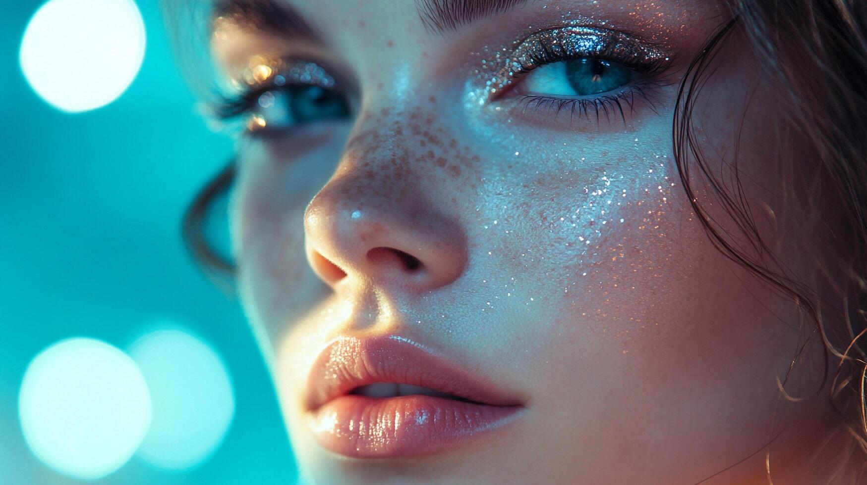 Close-up of a woman's face with vibrant blue eyes, freckles, and shimmery makeup against a blurred background. Beauty and artistry shine. photo