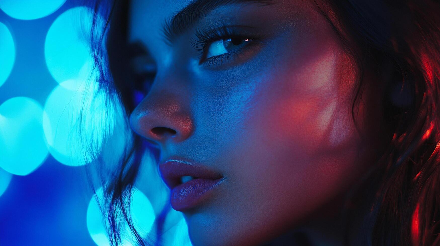 Close-up of a woman's face illuminated by vibrant neon lighting, creating a captivating and modern aesthetic with blue and red hues. photo