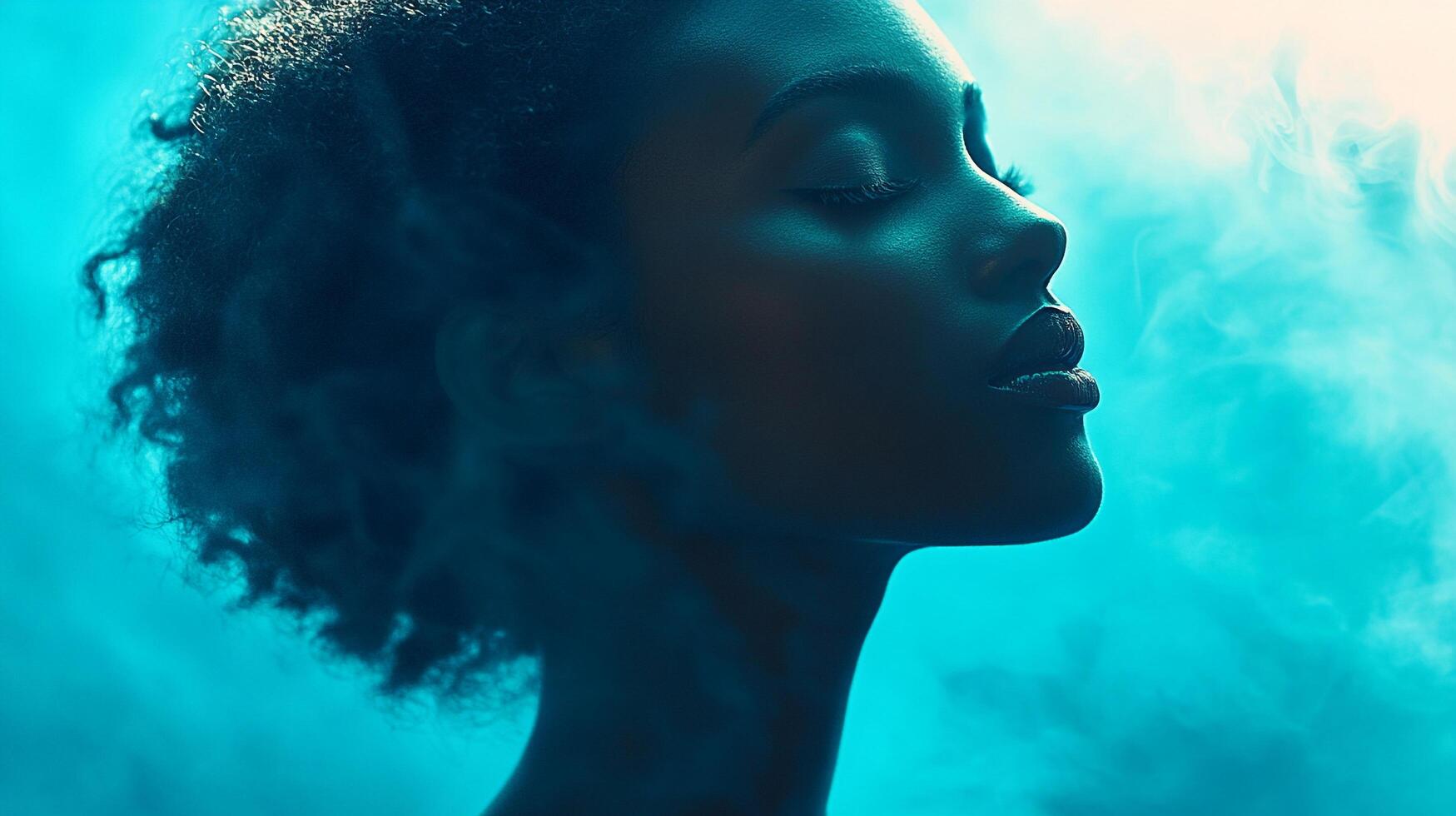 Contemplative beauty with closed eyes in serene setting, lit with cool blues and soft smoke, evokes calmness and introspection. photo