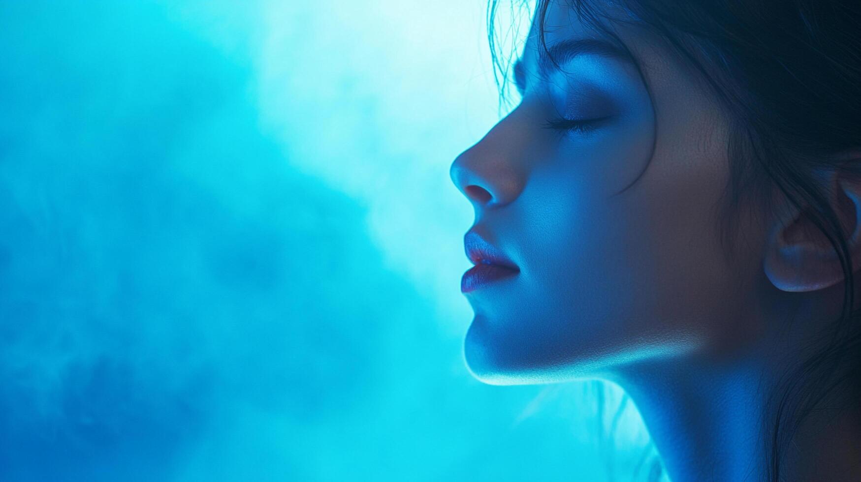 Woman's profile bathed in blue light, eyes closed. Soft, dreamy atmosphere with a focus on serenity and calm expression of her face. photo