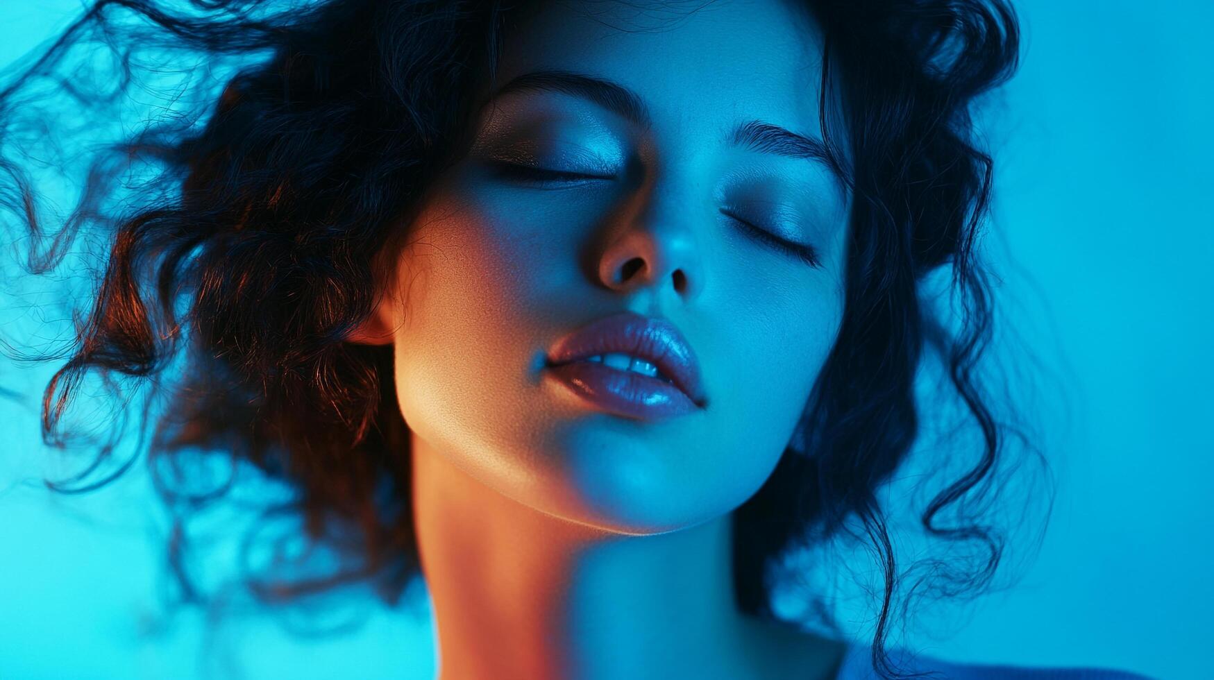Ethereal beauty. A dreamy portrait of a model with closed eyes and soft, glowing skin bathed in surreal blue and orange lighting. photo