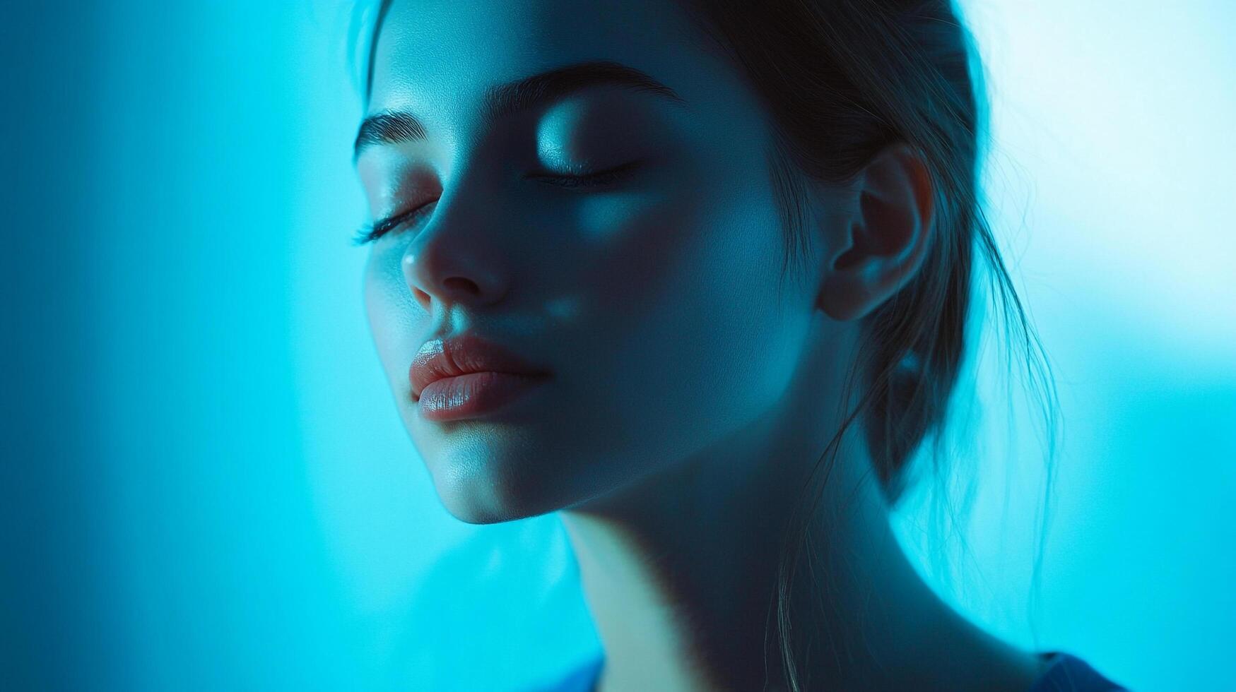 Portrait of a serene woman with closed eyes, bathed in calming blue light, evoking peace and tranquility. Ideal for relaxation content. photo