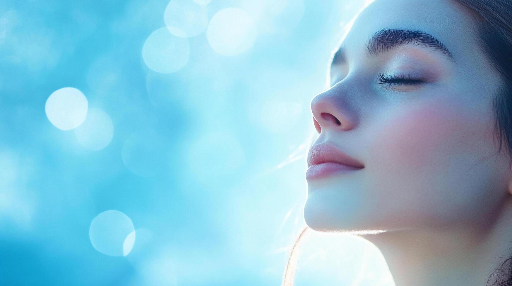 Serene woman with closed eyes, basking in radiant, tranquil light. Soft focus blue background enhances the peaceful ambiance. photo