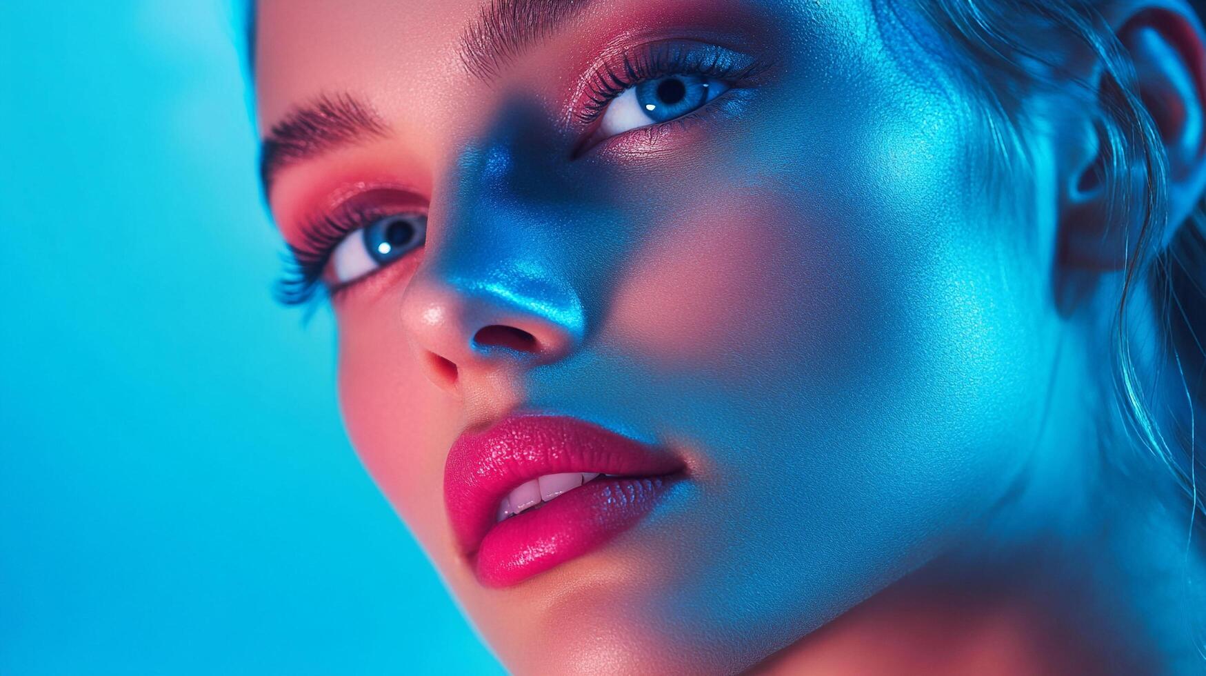 Close-up of a woman with vibrant pink makeup and blue lighting, showcasing a bold and stylish beauty aesthetic for modern visuals. photo