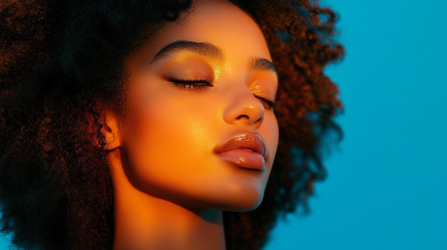 Radiant beauty. Young woman with striking features basking in warm golden light against a cool blue backdrop, eyes gently closed in serenity. photo