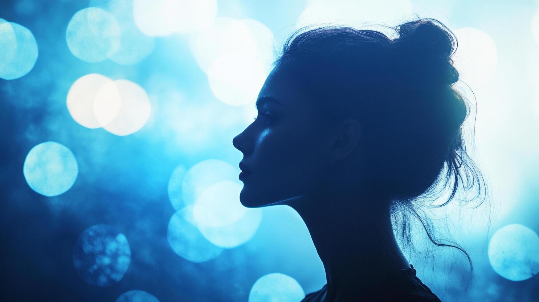 Silhouette of a woman's face against a dreamy blue bokeh background, capturing elegance and ethereal beauty in profile view. photo