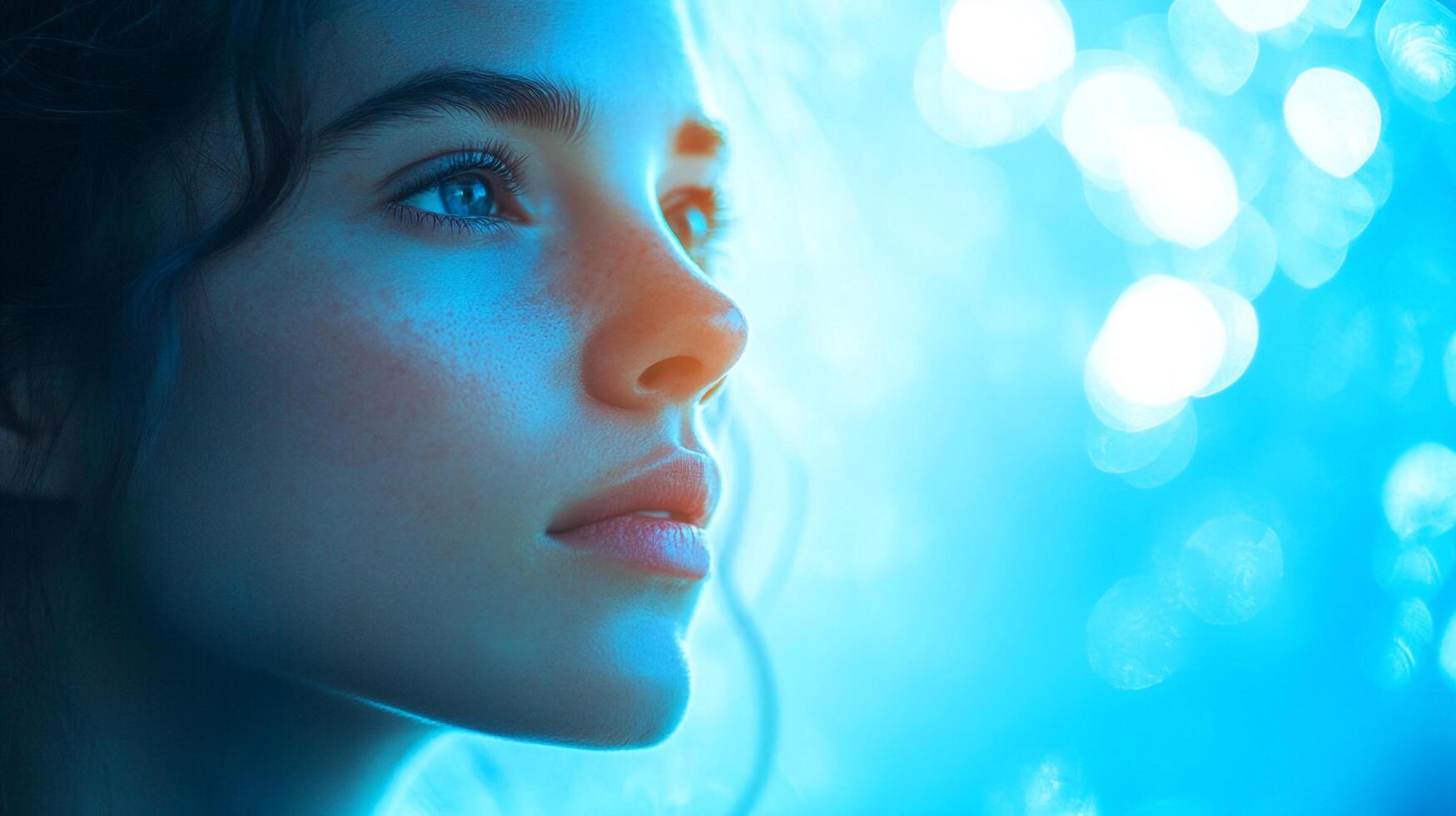 Serene profile of a girl with blue eyes and freckles, gazing into the future with quiet hope, bathed in luminous blue light. photo