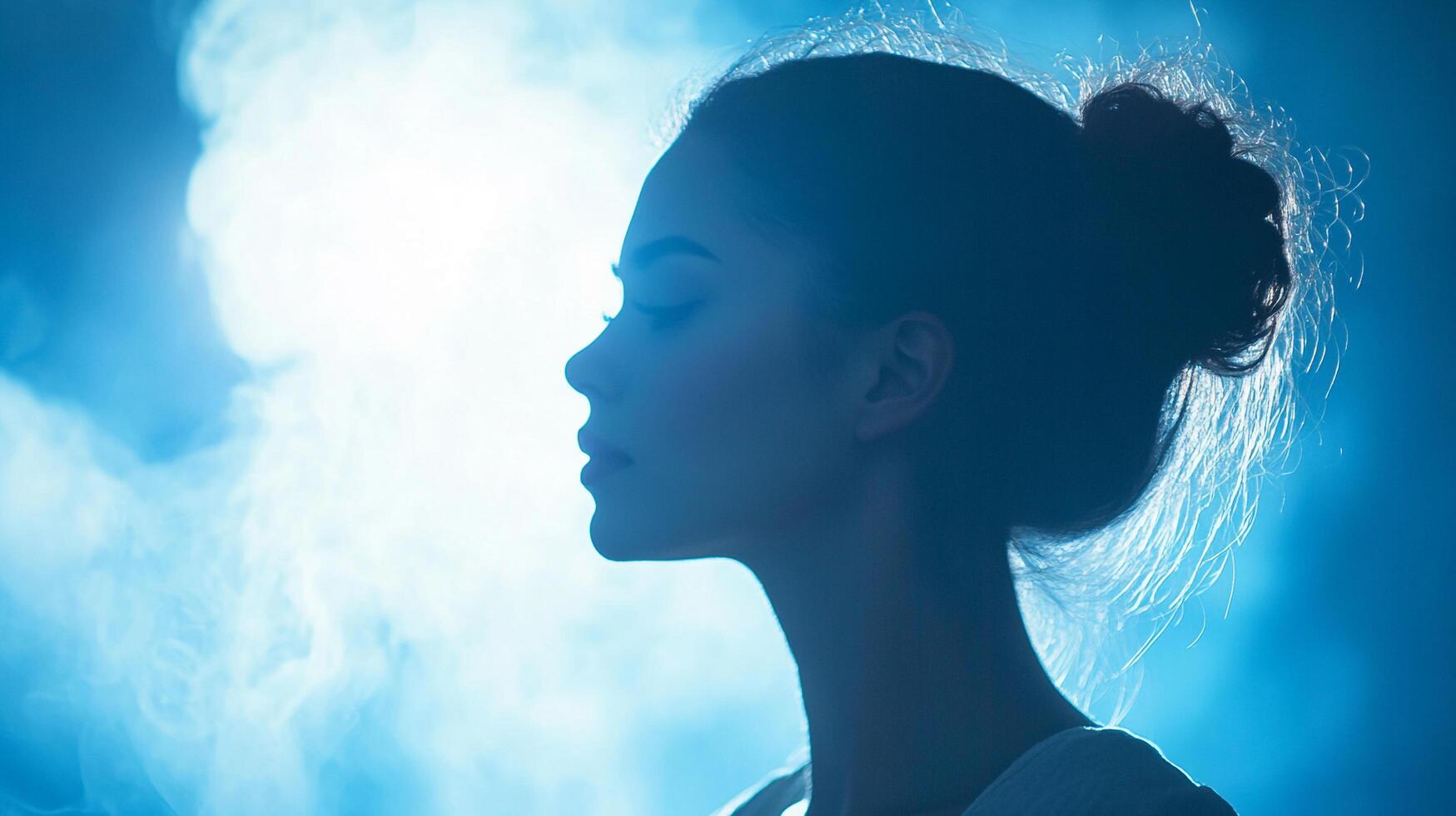 Serene profile of a woman illuminated against a soft blue background, evoking a sense of peace, mindfulness, and introspection. photo