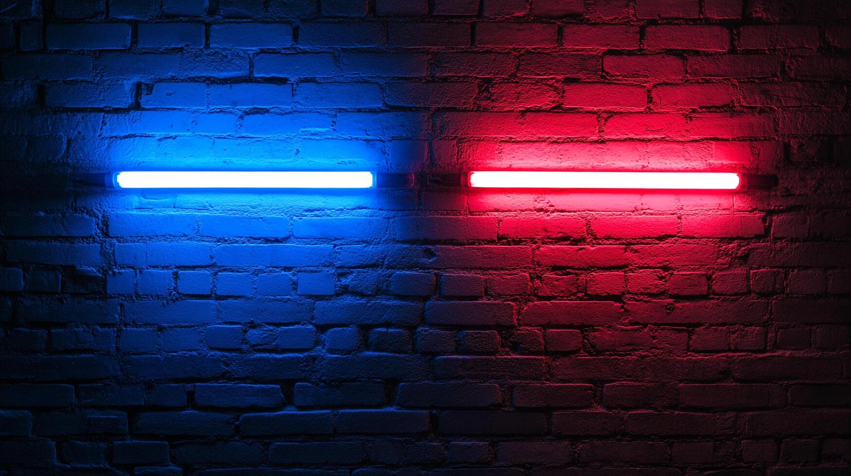 Two neon tubes cast contrasting colors of cool blue and warm red against an aged brick wall, creating a dynamic and visually striking contrast. photo