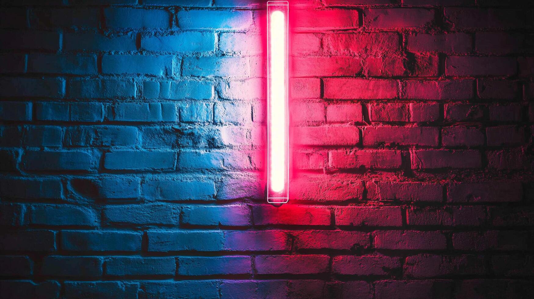 Blue and red light illuminates a weathered brick wall with a single neon light fixture casting a vibrant glow on the textured surface. photo