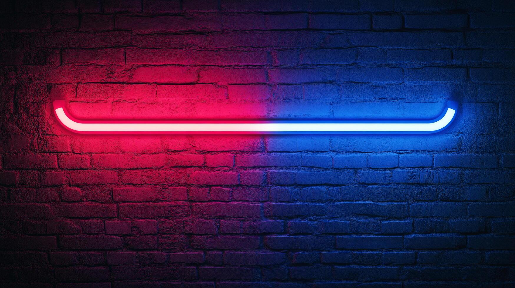 A vibrant neon light bar is affixed to a textured brick wall, split with red on the left and blue on the right, creating a striking contrast. photo