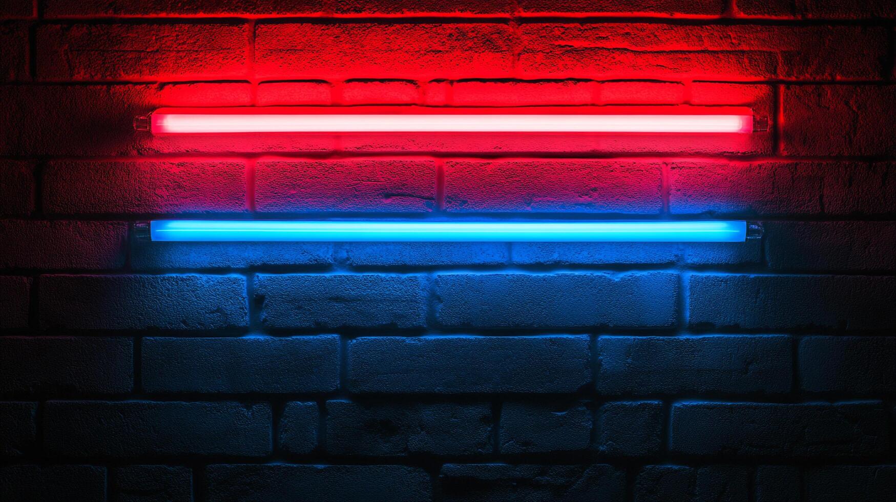 Abstract brick wall illuminated by parallel red and blue neon lights, creating a contrast between warm and cool colors in an urban setting. photo