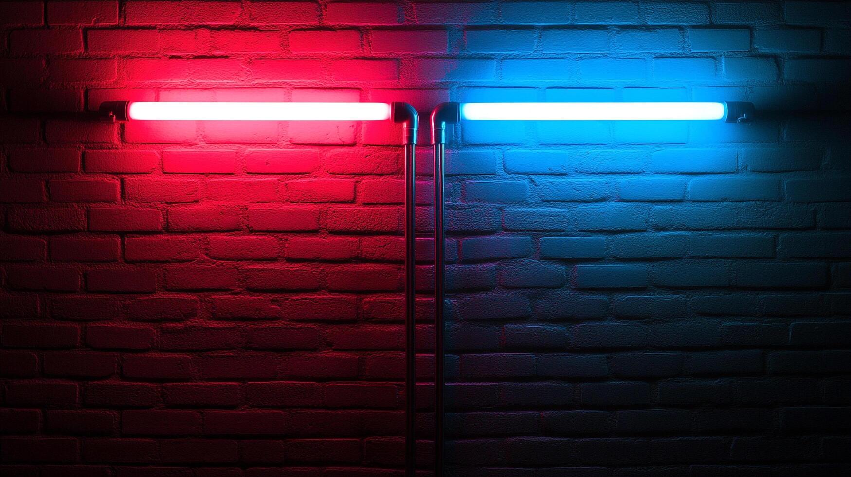 A vibrant contrast of light and shadow illuminates a textured brick wall, divided by striking red and blue neon tubes, creating a modern ambience. photo