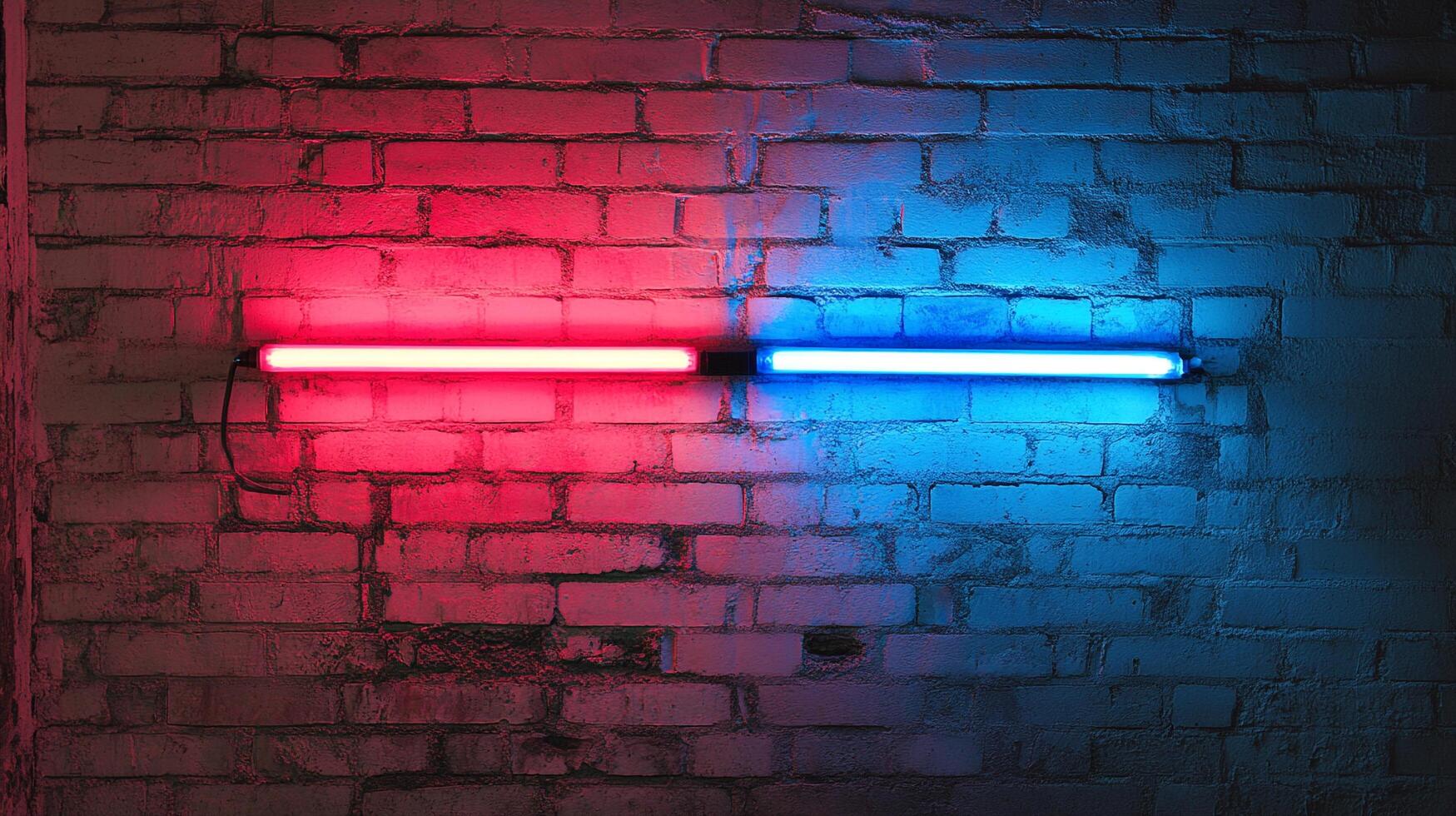 Neon light art on brick wall. Red and blue lights create a modern, vibrant contrast against aged texture. Artistic composition. photo