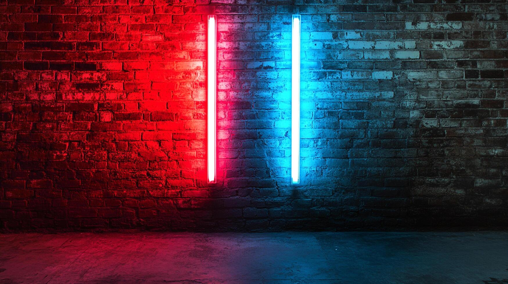 A red and blue neon lights shine on a brick wall, casting colored reflections on the floor and the brick. photo