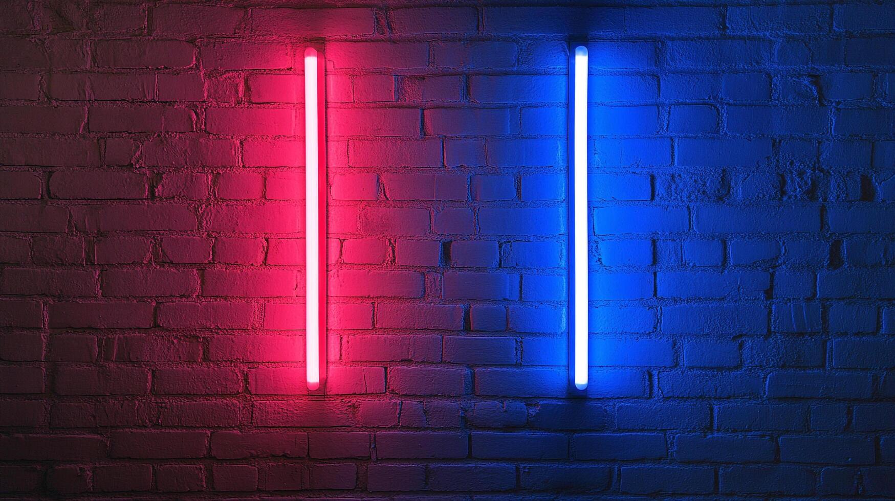 Red and blue neon lights illuminate a textured brick wall, creating a modern, vibrant ambiance with contrasting colors on the brick. photo