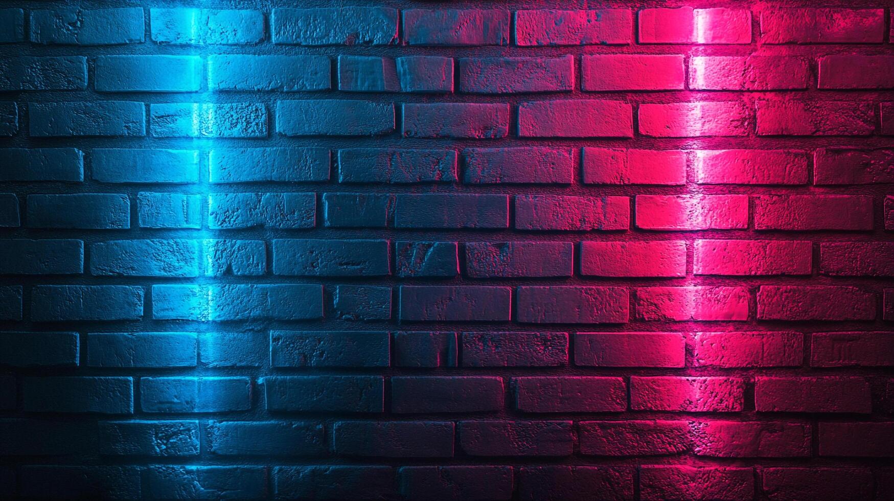 Textured brick wall illuminated with blue and red lighting, creating a visually striking and modern backdrop. Urban design element. photo
