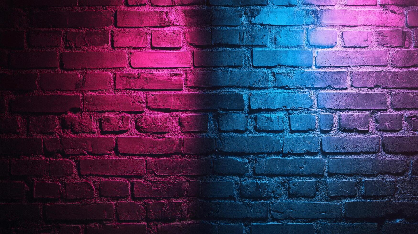Brick wall with pink and blue illumination. Dark brickwork split with neon lighting shows urban texture with geometric color contrast. photo