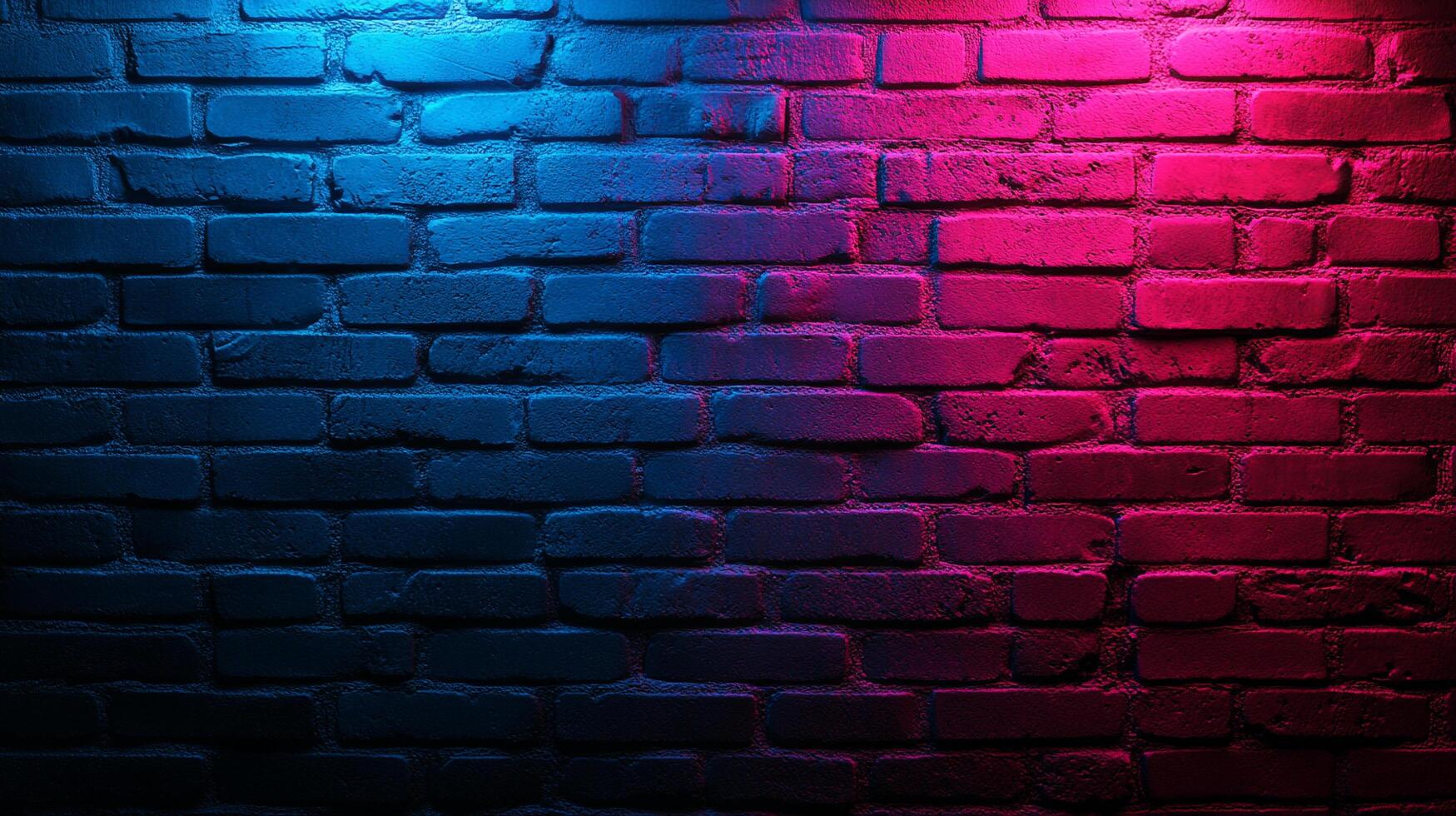 A textured brick wall illuminated with vivid blue and pink lights, creating a striking contrast and emphasizing the wall's rough texture. photo