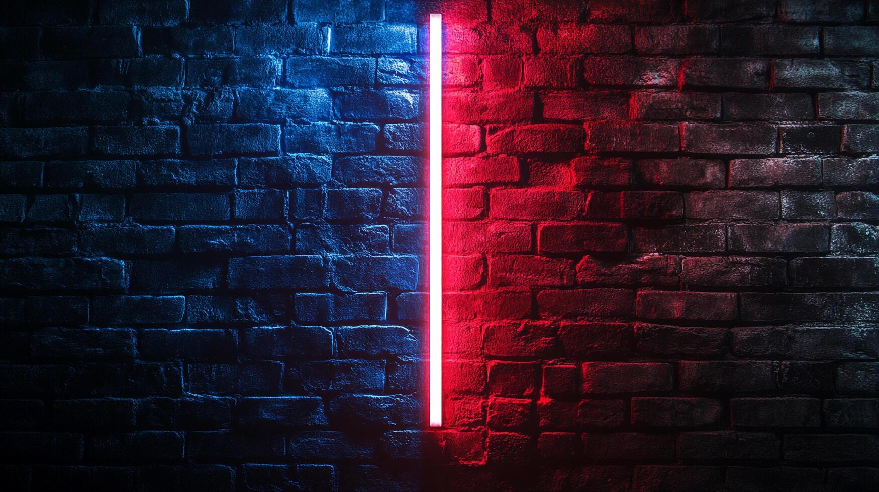 Textured brick wall half illuminated in red, the other half blue, with a vertical neon light bisecting the middle of the dark brick photo
