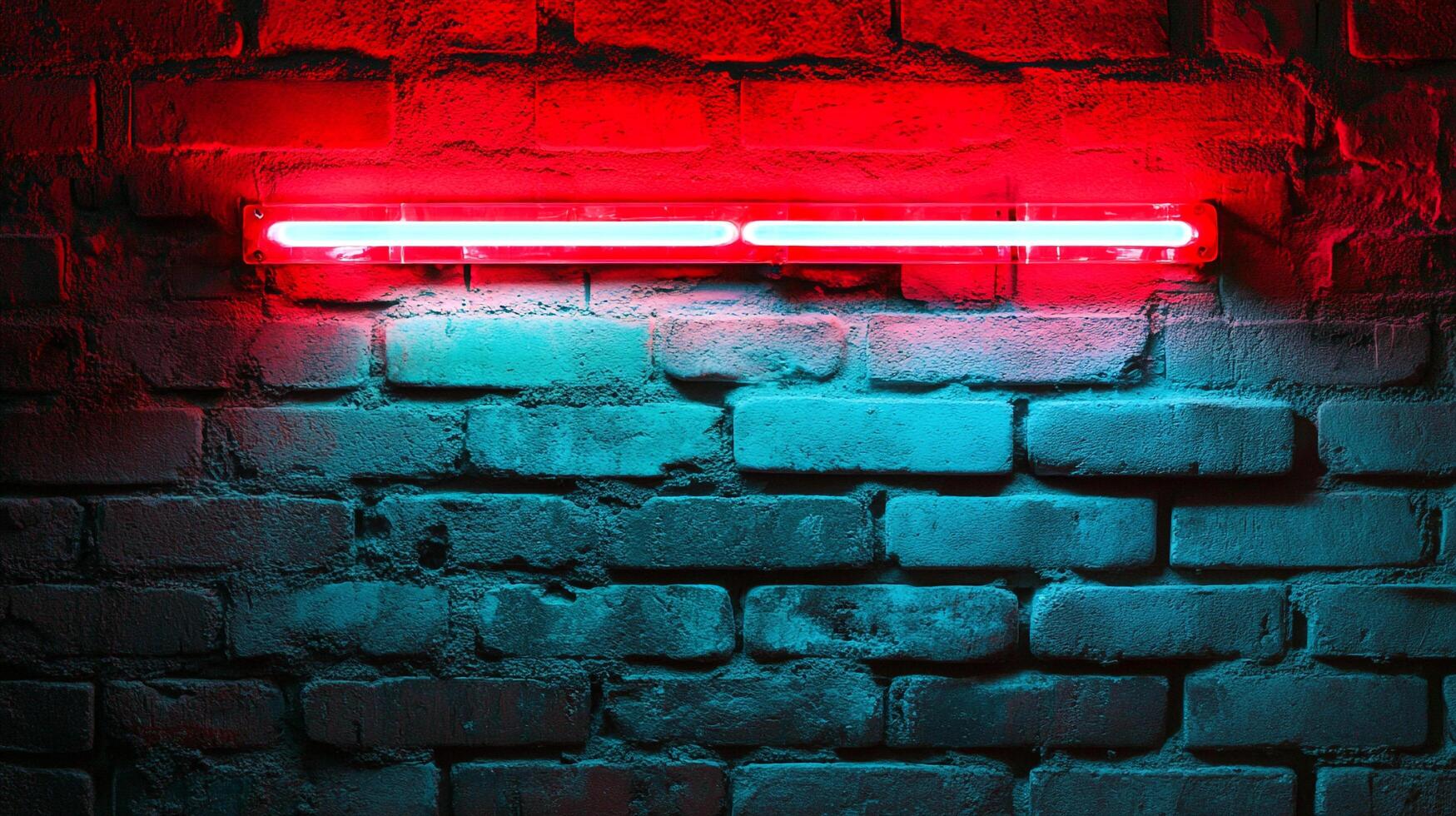 Neon lights illuminate a rustic brick wall with vibrant red and blue hues, creating a modern and edgy urban aesthetic. photo