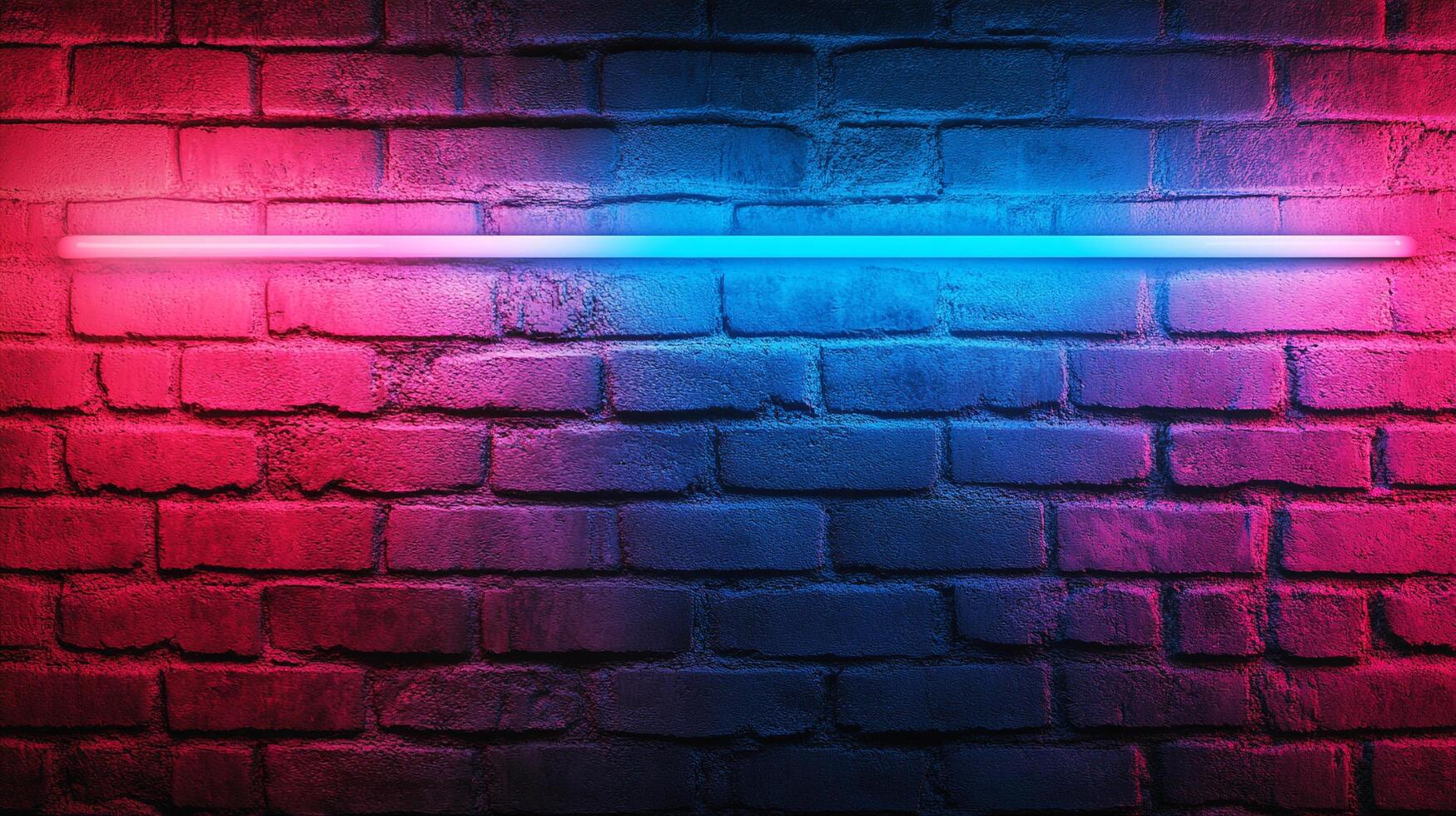 Neon light fixture mounted horizontally on a brick wall. The light glows red on the left and blue on the right. photo