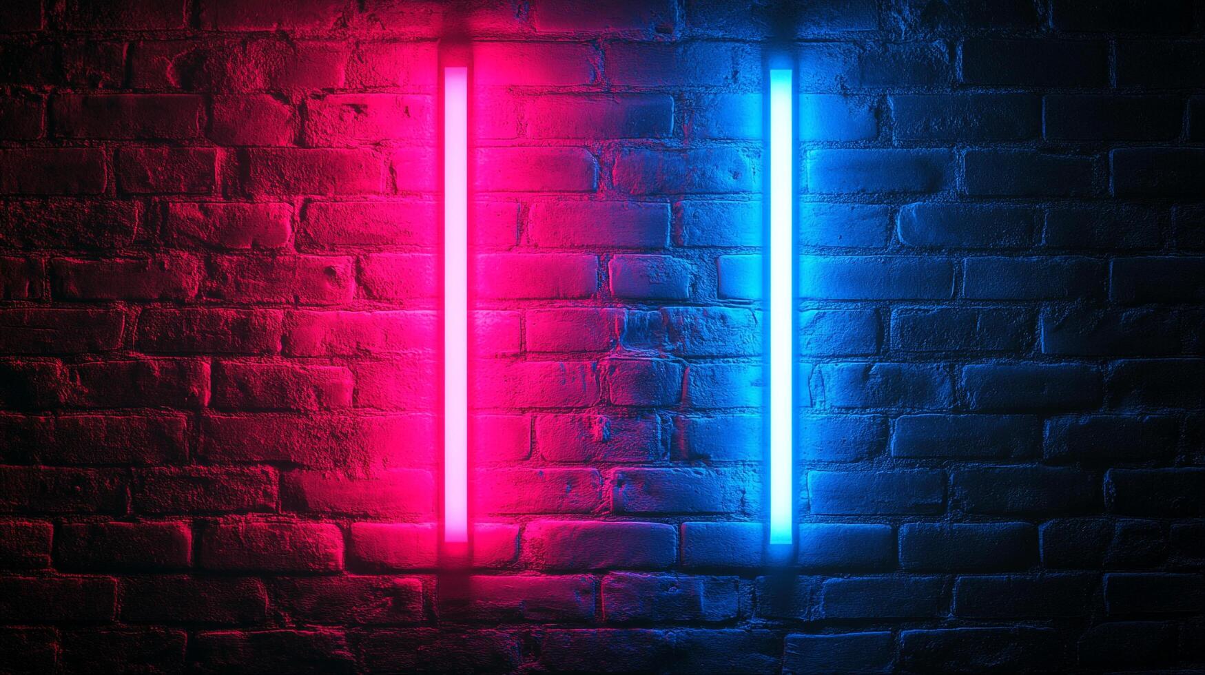 A brick wall illuminated by two vertical neon lights, one pink and the other blue, creating a vibrant, contrasting color scheme. photo