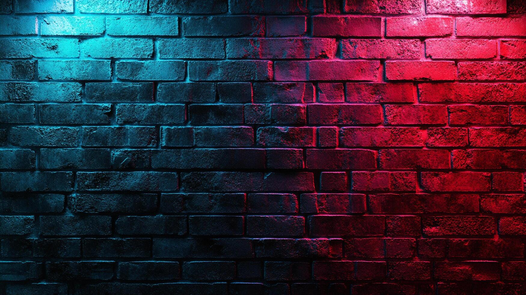 A textured brick wall divided vertically, bathed in vibrant hues of red and blue light, creating a striking color contrast and pattern. photo
