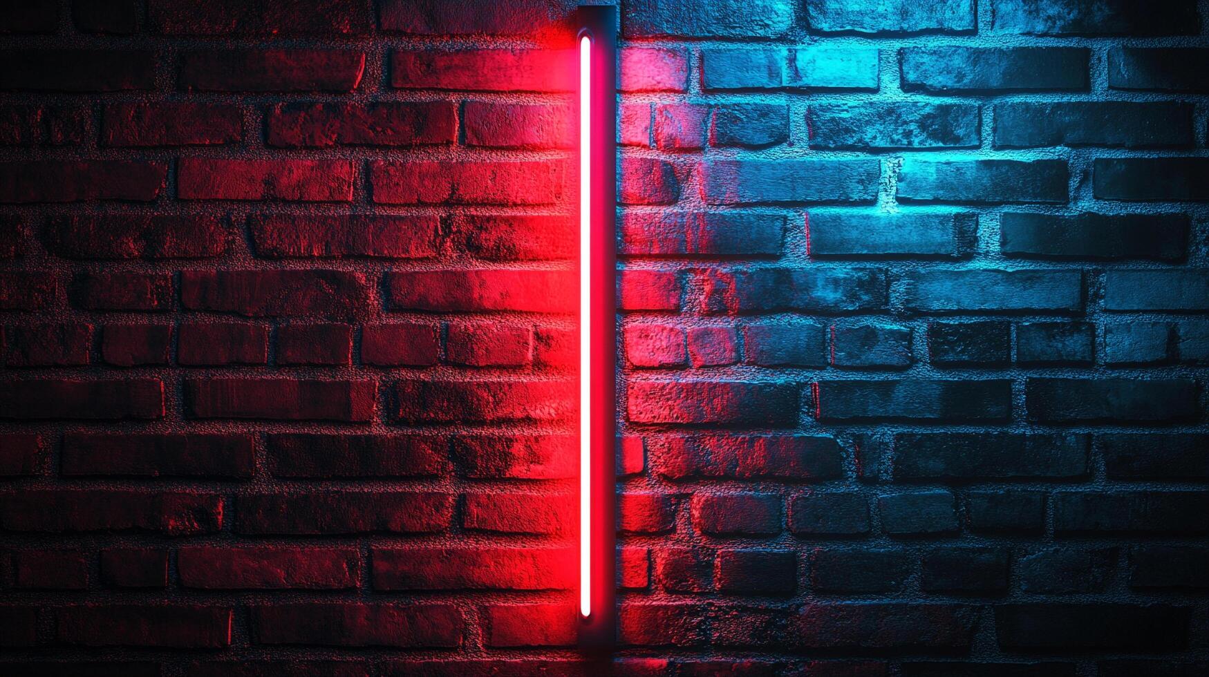 Illuminated brick wall with vibrant red and blue neon. Striking contrast and textured surface evoke modern and artistic vibes. photo