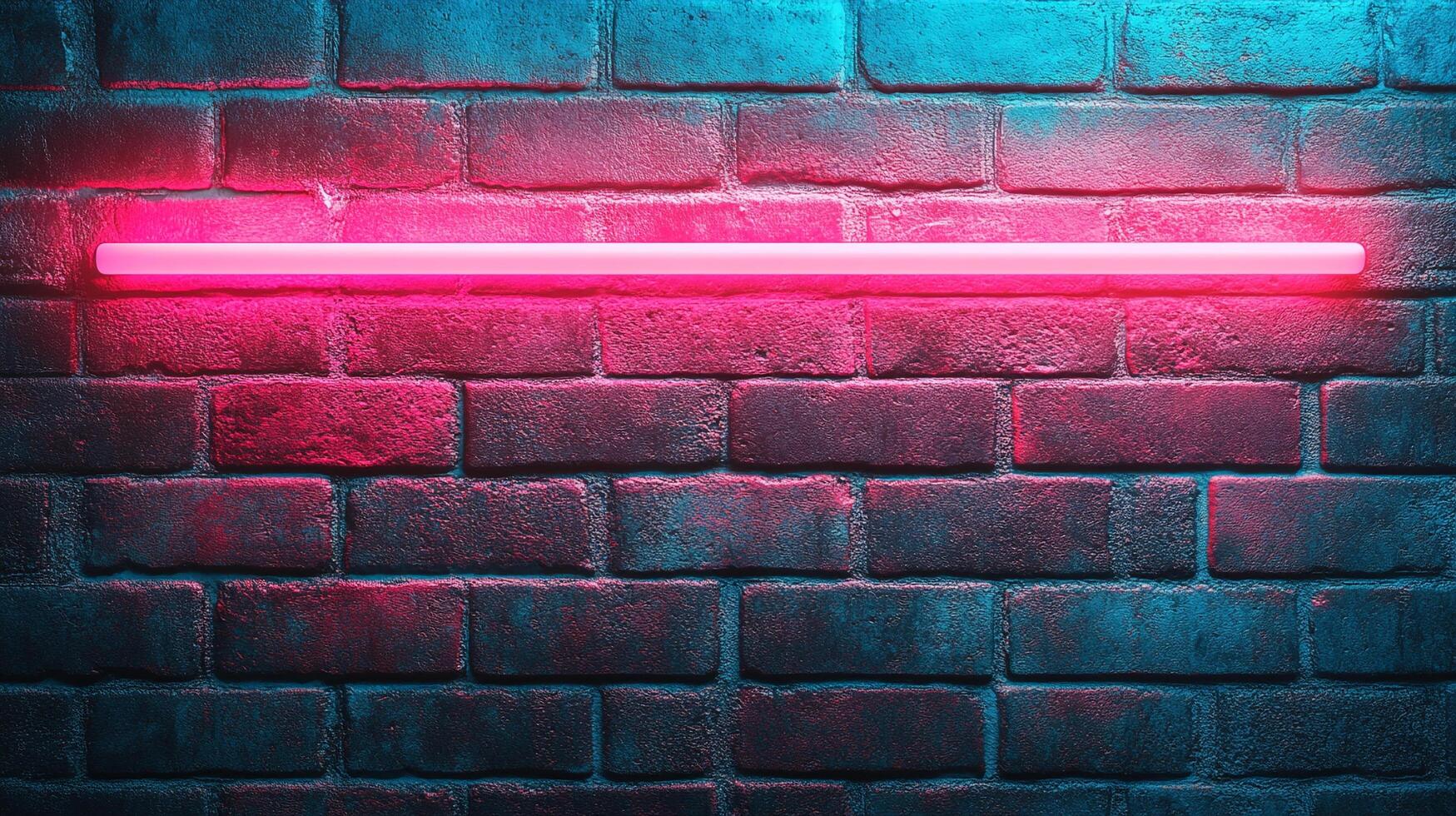 A vibrant neon pink light illuminates a textured brick wall, creating a striking contrast and modern aesthetic. photo