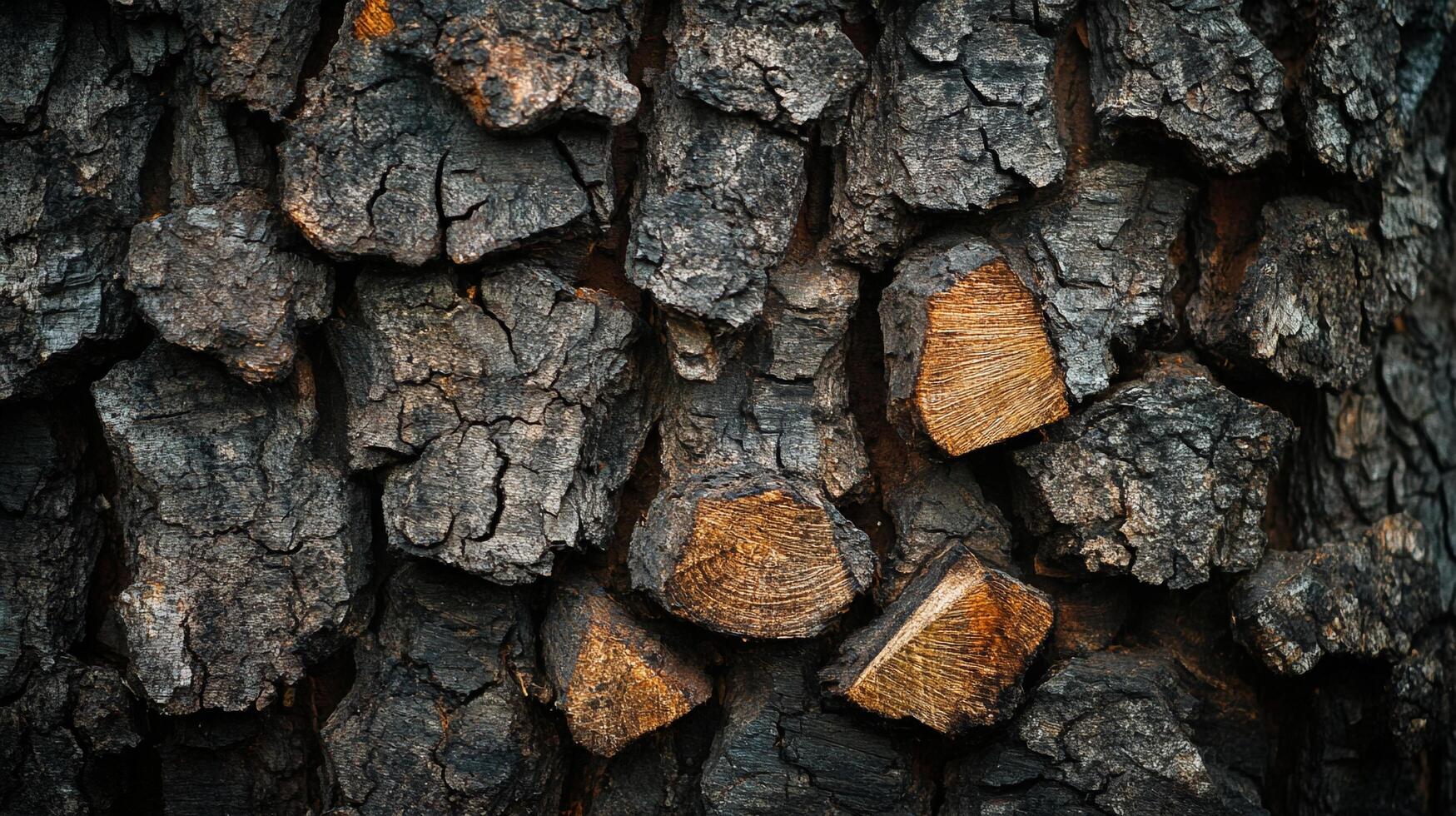 An abstract closeup of bark reveals intricate textures, dark colors, and rugged surface details, creating a natural, rustic pattern. photo
