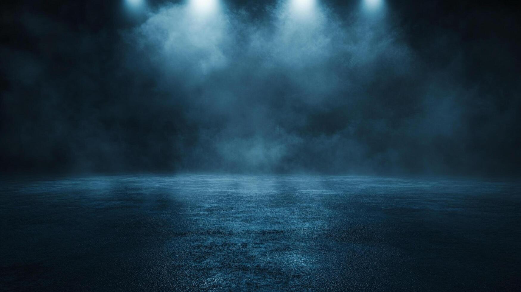 Dark blue room with a foggy atmosphere. The room is empty and has no furniture. The lighting is dim and the room is filled with smoke photo