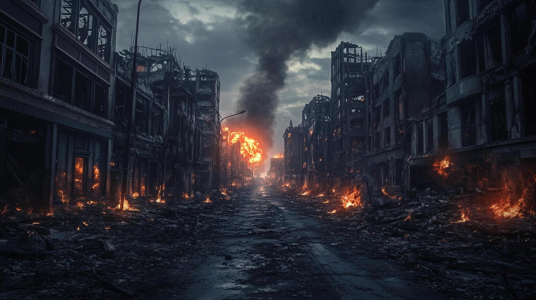 City street with a fire burning in the middle. The fire is surrounded by smoke and the street is filled with rubble. Scene is one of destruction and chaos photo