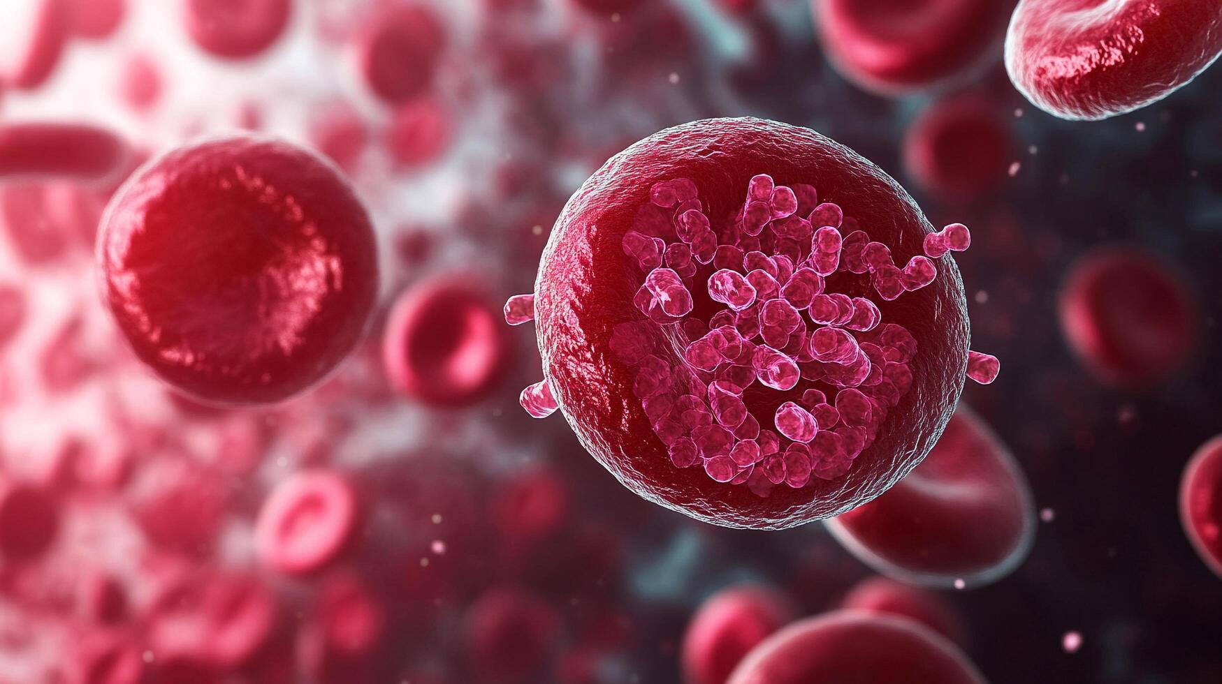 Close up of a red blood cell with a pinkish color. The cell is surrounded by other red blood cells photo